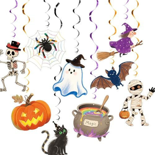 Vsosfiza 48 Halloween Girlanden - Deko mit Geistern, Kürbissen, Hexen in Schwarz, Lila, Orange