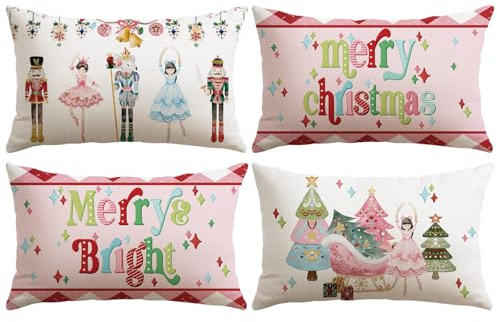 JOTOM 4er Set Weihnachten Kissenbezüge, Dekorative Wurf Kissenbezug Moderne Kissenhüllen Sofakissen Dekokissen Zierkissenbezug für Wohnzimmer Garten (30x50cm, Nussknacker | Rosa)