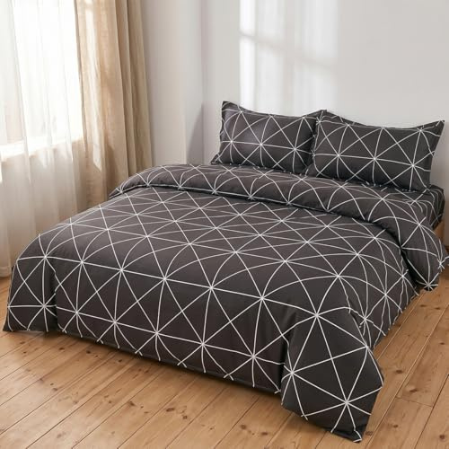 Nesture Bettwäsche 200x200 3teilig Mikrofaser, kariert Anthrazit | 1x Bettbezug 200x200 + 2x Kissenbezug 80x80 mit Reißverschluss, Bettwäsche-Sets, weich & bügelfrei, atmungsaktiv