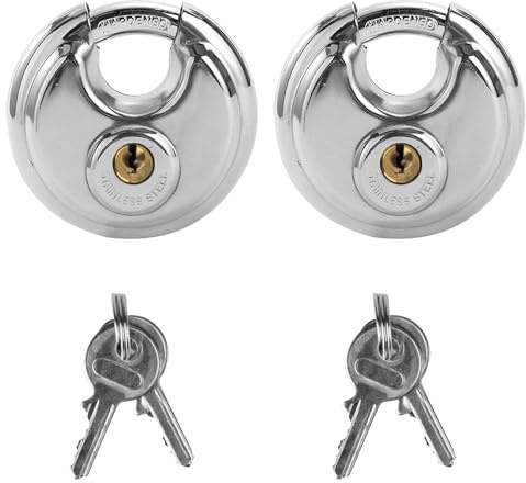 2 Disc Locks for Storage Units, 70mm Keyed Padlocks – Heavy-Duty Stainless Steel Discus Lock, Waterproof & Rustproof Round Locks with Keys. Suitable for Storage Units, Outdoor Sheds, and Storage Locke