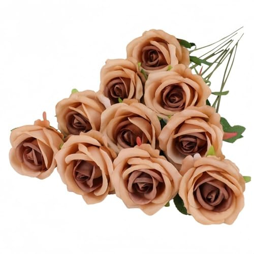 10 Pcs Artificial Roses, Coffee Fake Roses Artificial Flowers, with Stems Fake Artificial Coffee Roses Silk Flowers, for Home Garden Party Hotel Office Decor