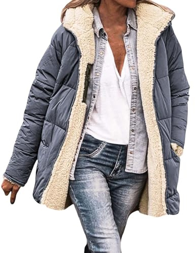 MJGkhiy Lange Daunenjacke mit Kapuze Damen Winter Daunenjacken mit Reißverschluss Elegant Winddicht Gesteppter Mantel Übergröße Warm Fleece Lange Jacke Bequeme Lange Mäntel Kurvy Parka Mit Taschen