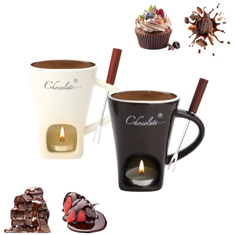 Lot de 2 tasses à fondue au chocolat, en céramique, 130 ml, avec photophore et fourchettes, pour fondue au chocolat, fromage, beurre