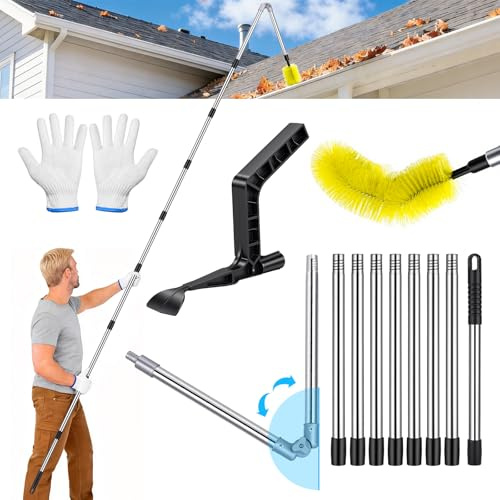 Hysagtek 4M Nettoyeur de gouttières avec manche télescopique, brosse de gouttière avec tête pivotante à 180°, pour gouttières et jardins, aucune échelle nécessaire