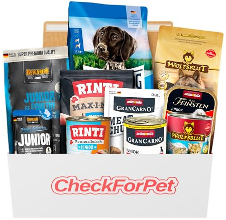 CheckForPet Hundefutter Probierpaket Junior – Welpenfutter Probierbox für Welpen & Junghunde mit Nassfutter und Trockenfutter, Hundefutter trocken & nass von Top-Marken, Geschenkidee