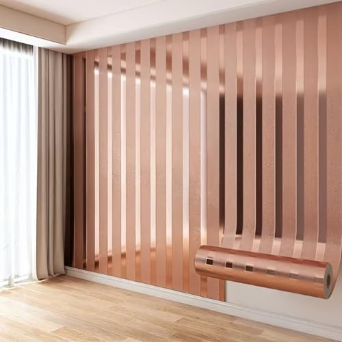 Blaward Vertical Stripes Mirror Metallic Texture Wallpaper Peel and Stick 40x300cm Waterproof Removable Renter Friendly Decorative Wall Paper for Bathroom Bedroom Kitchen (Rose Gold, 40x300cm)