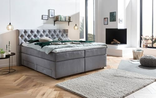 Belanoti Lara Boxspringbett 200x200 mit 4 Schubladen Stauraum Bett 100x200 mit Bettkasten in der Farbe Hellgrau H2/H3 Chesterfield Kopfteil 7-Zonen Taschenfederkern Matratze inkl. Visco Topper