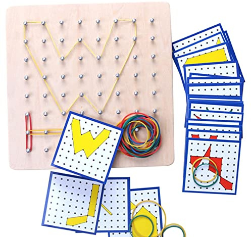 Jiuvaso Giocattolo Creativo in Legno con Grafica Matematica, Rompicapo, Matrice E Tavolette con Chiodi per Bambini in età Prescolare, 18x18 cm