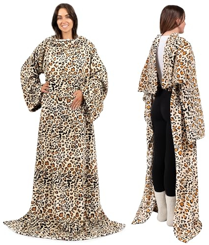 Premium Fleece Kuscheldecke mit Ärmeln von pavilia | Warm, Cozy, extra weich, funktionell, leicht Gepard