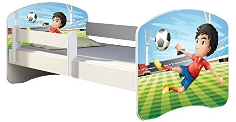 ACMA Kinderbett 180x80 Jugendbett mit Matratze, Rausfallschutz, Lattenrost Weiß, stabil, Kinderzimmer Bett, Jugendmöbel Design 13 Fußballer
