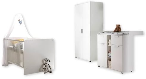 BIBO Babyzimmer Komplett-Set in Weiß - Babyzimmer Möbel-Set 3-teilig bestehend aus Kleiderschrank, Babybett & Wickelkommode