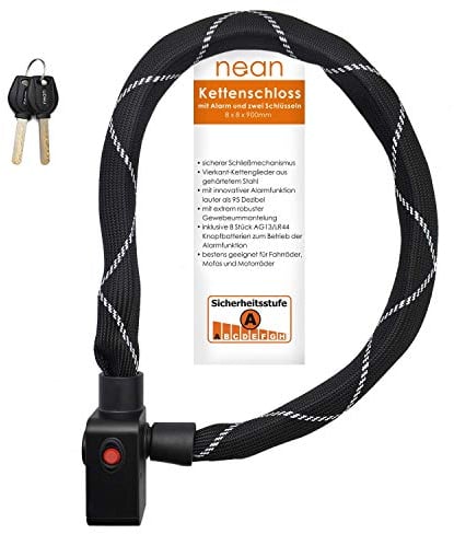 nean Lucchetto per bicicletta con allarme, lucchetto di allarme per bicicletta con catena quadrata temprata e 2 chiavi di sicurezza, lucchetto a catena con sistema di allarme, 8 x 8 x 900 m