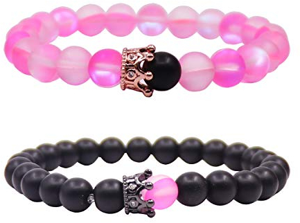 UEUC Paar Distanz Armbänder mit CZ Crown King & Queen Seine Freundschaft Schwarz Matt Achat Stein 8mm