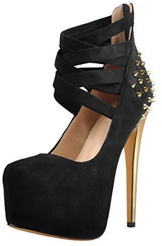 Only maker Damen Riemchenpumps Plateau High Heels Stiletto Pumps mit Metallic Absatz Verziert Nieten Wildlederoptik Schwarz