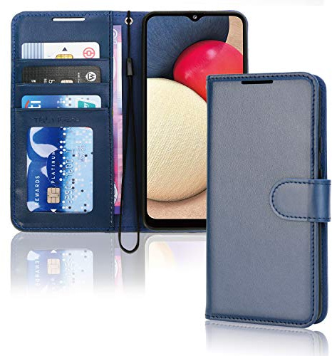 TECHGEAR Leder Hülle Galaxy A02s, PU Leder Flip Case Schutzhülle Ledertasche [Brieftasche] Handyhülle mit Ständer und Handschlaufe Beutel kompatibel mit Samsung Galaxy A02s - Blau