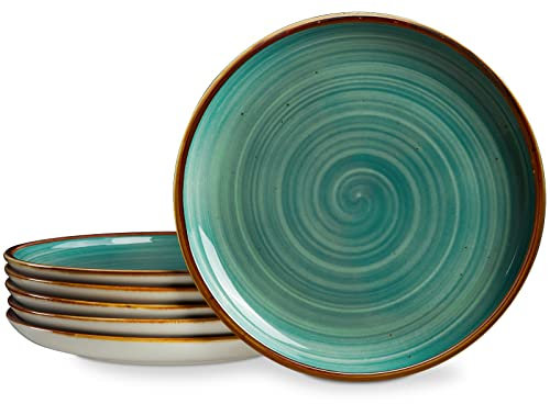 ONEMORE Lot de 6 assiettes rondes en céramique de 26,7 cm - Passe au micro-ondes, au four et au lave-vaisselle - Assiettes de service pour le quotidien, les fêtes, le restaurant - Bleu sarcelle