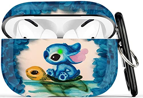 Fibuntun Airpod Pro Hülle, harte Schutzhülle Airpods Pro Case Cover Stoßfest Cover Frauen Mädchen mit Schlüsselanhänger für Apple AirPods 3 Ladehülle (Stitch/Turtle)