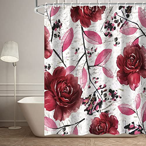 LIVILAN Tenda da doccia floreale bordeaux tenda da doccia per bagno con fiori di rosa rossa tenda da doccia marrone set con 12 ganci grazioso vintage floreale decorazione bagno 183 cm W x 72 H