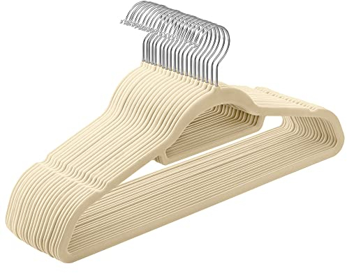 SONGMICS Velvet Hangers, Set of 20 Clothes Coat Hangers, Non-Slip, with Tie Bar and 360° Swivel Hook, Space-Saving, 0.6 cm Thick, 43.5 cm Long, for Dresses Trousers, Beige CRF020M20