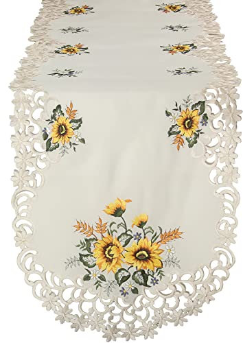 HanaQi Stickerei Sonnenblumen Tischläufer, auf Ecru - Crème Satin Optik Polyester Grundfarbe, ca. 45x130 cm Oval