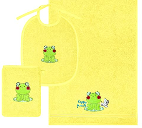 Lashuma Mädchen und Jungen 3er Geschenk Set gelb, je 1x Lätzchen - Waschlappen - Handtuch, Stick: Frosch