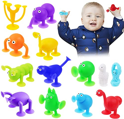 Vicloon Badewannen Spielzeug, 13 Stück Saugnapf Spielzeug, Sensorik Spielzeug Montessori Spielzeug, Silikon Saugspielzeug, mit Schwarze Netztasche, Eltern-Kind Interaktives Spiel