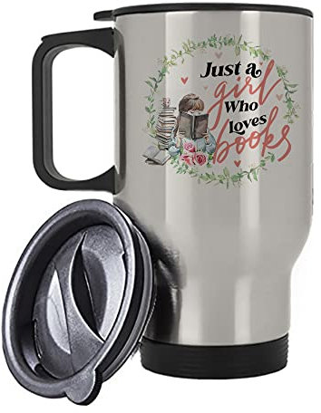 Just a Girl who Loves Books, Reading Lover, for Girls Silver/White Insulated 14oz Travel Tea/Coffee Mug. (Silver)