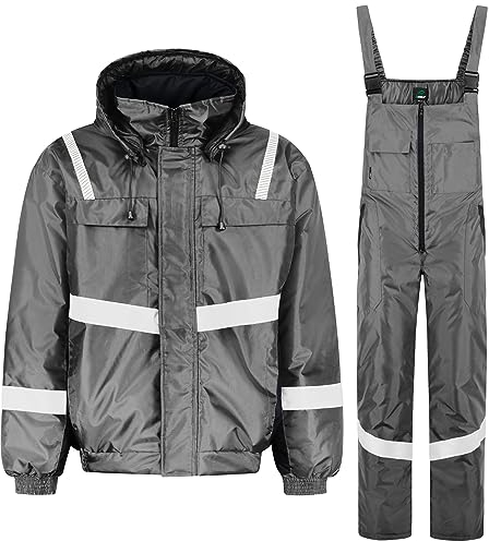 BWOLF Atom Set Arbeitskleidung Männer Winter Arbeitsjacke Herren Winter + Winter Arbeitslatzhose Herren, Winddichte, wasserdichte, Warme mit Kapuze (Grau, L)