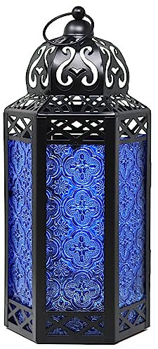 Dekorative marokkanische Laterne aus schwarzem Metall mit Kerzenhalter – Innen-/Außenbereich, Heimdekoration, Terrasse, Hochzeiten, Weihnachten, groß, Kobalt