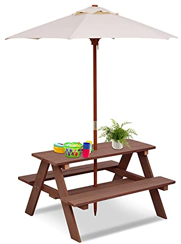 COSTWAY Tavolo da Picnic per Bambini con Parasole Pieghevole, Set di Tavolo e Panche per Giardino con Ombrellone Rimovibile, Panche in Legno, per Giardino, Cortile, Prato (Modello 6)