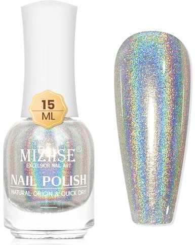 MIZHSE 15ML Quick Dry Holographic Nail Polish Shimmer Glitter Nail Polish Varnish Magic Colour Change Iridescent Nail Lacquer Long Lasting No Need Lamp Cure 001
