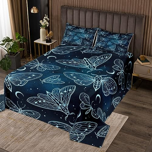 Manfei Dead Moth Tagesdecke S Größe Mond Sternenhimmel Bettwäsche Set Gotische Tiere Tröster Coverlet Kinder Mädchen Jungen Erwachsenenzimmer Dekor Schwarz Dunkelblau Tröster Set,1 Kissenbezug