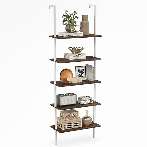CASART 5-Tier Ladder Shelf, Modern Wall Shelf Display Rack, Plant Stand Bookshelf Storage Shelving Unit for Kitchen, Living Room and Office(Brown+White, 60x30x180cm)