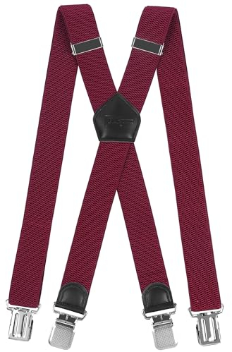 Hosenträger Herren Extra Stark mit Sehr Starken 4 Metall Clip, Hosenträger Herren Breit Lang X Form, Elastisch und Längenverstellbar, Sehr Gut Geeignet für Große oder Schwere Menschen (Tiefrot)