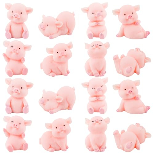 16 Stück Glücksschweinchen Figuren rosa, Glücksbringer Mini Schweine Deko,Schweinchen Miniatur Ornamente, Glücksbringer Silvester Harz Schwein Kuchen Toppers für DIY Handwerk, Silvester Party Set