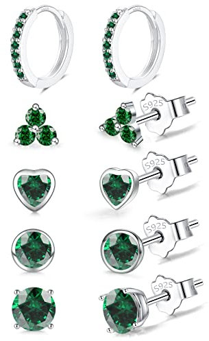 Sterling Silver Studs Earrings Set for Women, 5 Pairs Small Silver Huggie Hoop & Studs Earrings Set | Hypoallergenic Green Cubic Zirconia Earring Jewellery Set for Girls