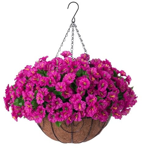 Ammyoo Artificial Hanging Flower Plants with Basket for Outdoor Decoration, Faux Petunias Flowers Fake Morning Glory Planter for Outside Patio Garden Porch Balcony Yard Decor(Fuchsia)