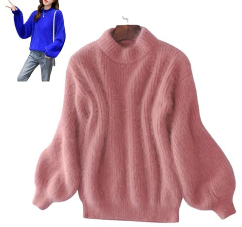 Nearflying Pull d'Hiver en Cachemire Mélangé Angora pour Femme - Chaud, Ample, Moelleux - Couleur Unie - Col Rond - Rose, Taille Unique