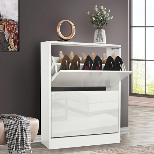 High Gloss White Shoe Cabinet with 2 Drawer, Pull Down Wooden Shoe Storage Organizer Cupboard Shoes Rack Cabinet Freestanding Footwear Rack Stand Hallway, Entryway, Living Rooms 60W x 24D x 80H cm