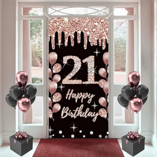 21st Birthday Decorations for Women, Happy 21 Years Old Fabric Sign Poster Rosegold Backdrop Door Banner, 21st Birthday Party Supplies Photo Background Welcome Sign, 180 cm x 90 cm