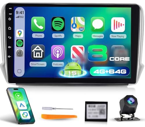 【8 Cœur 4+64G】 Hodozzy Carplay Autoradio pour Peugeot 208/2008 2012-2018, 10 Pouces Ecran Tactile Android Autoradio avec Android Auto/WiFi/GPS/RDS/FM/Bluetooth/USB