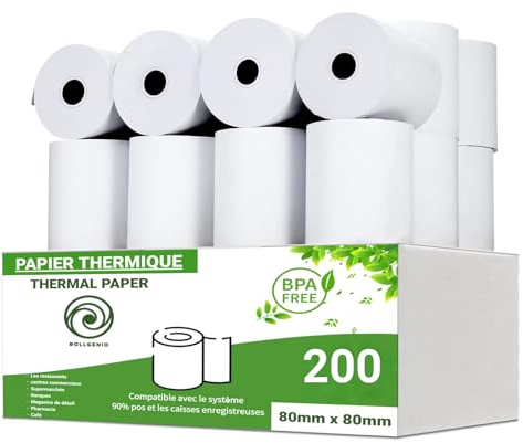 Rollgenio 200 Bobine Rouleaux de Papier Thermique 80 x 80 mm pour Caisse Enregistreuse, Terminal POS,Imprimante EPOS,et bien d'autres
