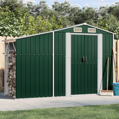SECOLI Gerätehaus Metall mit bodenplatte Gerätehaus Metall pultdach Gartenhaus Metall XXL Geräteschuppen Outdoor Geräteschrank Gartenschrank Verzinkter Stahl-Grün-277 x 93 x 179 cm
