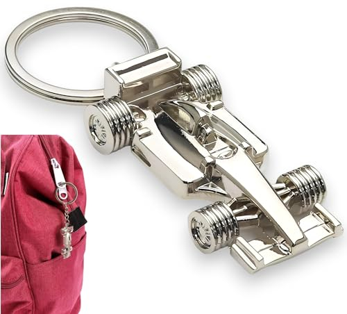 BRACO - Porte-clés voiture Formule 1 métallique - Porte-clés F1 - Porte-clés automobile - Keychain voiture en métal Keyring Voiture de course - Hommes et femmes, argent métallique, 55_x_27_mm