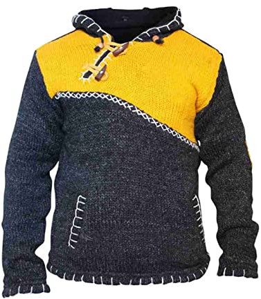 Fleece Lined Pullover with Cross Zip for Men, Hippie Boho Hoodie, Casual Loose Pullover, Mountain Jacket, Men's Hoodie for Winter 2024, yellow, L