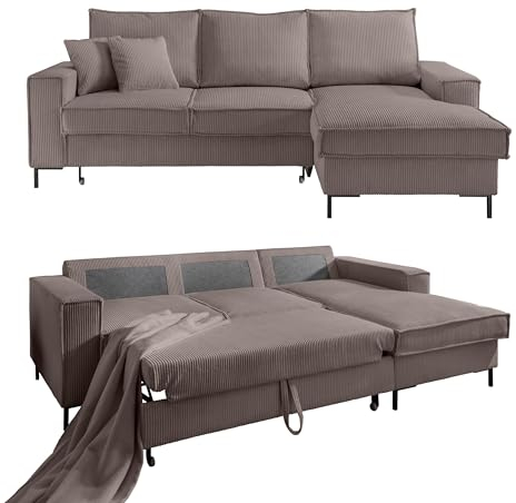 Modernes Cord Ecksofa 240x150 cm mit Schlaffunktion und Bettkasten, Wellenunterfederung, L-Couch mit Recamiere rechts, Liegefläche 125x198 cm, Cord-Bezug in Braun Taupe / 17222