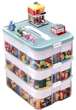 Aufbewahrung Box für Lego - Kinder Bausteine Boxen Mit Deckel, 3 Stufen Spielzeug Aufbewahrungsbehälter, Sortierbox für Spielzeugkiste für Blöcke (Grün)