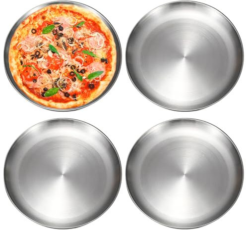 4 Piezas Bandeja para Pizza Redonda 30 cm, Acero Inoxidable Bandeja Pizza Horno, Duraderas Bandejas para Pizza, Fáciles de Limpiar, Plata, Adecuado para Barbacoas, Postres, Tartas Y Cafeterías