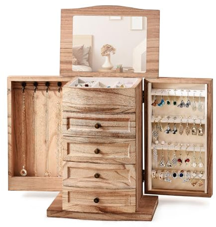 Poyilooo Schmuckschatulle für Damen, Holz-Schmuck-Organizer und Aufbewahrung mit Spiegel und Schubladen, große Schmuckschatulle für Halsketten, Ringe, Armbänder, Ohrringe, Organizer für Frauen,