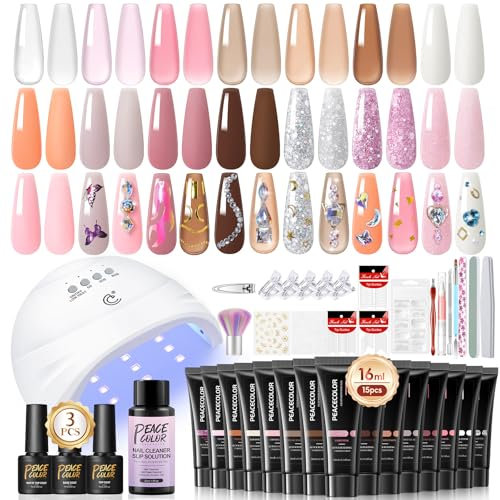 PEACECOLOR Kit Ongle Gel UV Complet 40PCS-15*16ml Poly Extension Nail Avec UV Lampe,3Pcs Base & Top Coat&Mate,Slip Solution Kit Complet Manicure